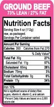 Ground Beef 73% Lean/27% Fat Nutritional Label(1000)