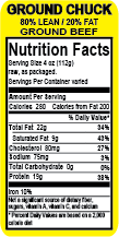 Ground Beef 80% Lean/20% Fat Nutritional Label(1000)