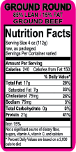 Ground Beef 85% Lean/15% Fat Nutritional Label(1000)